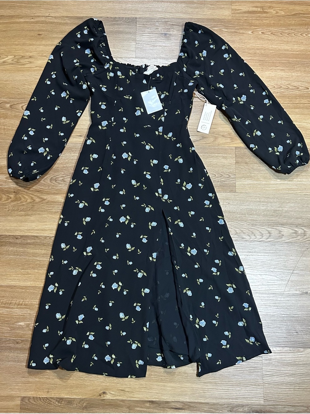 Forever 21 Black Blue Floral Midi Dress Small Puff Sleeve Slit Cottagecore NWT